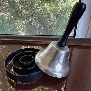 Vintage Handbell with Wooden Handle and Cast Metal Bell, School or Service Bell